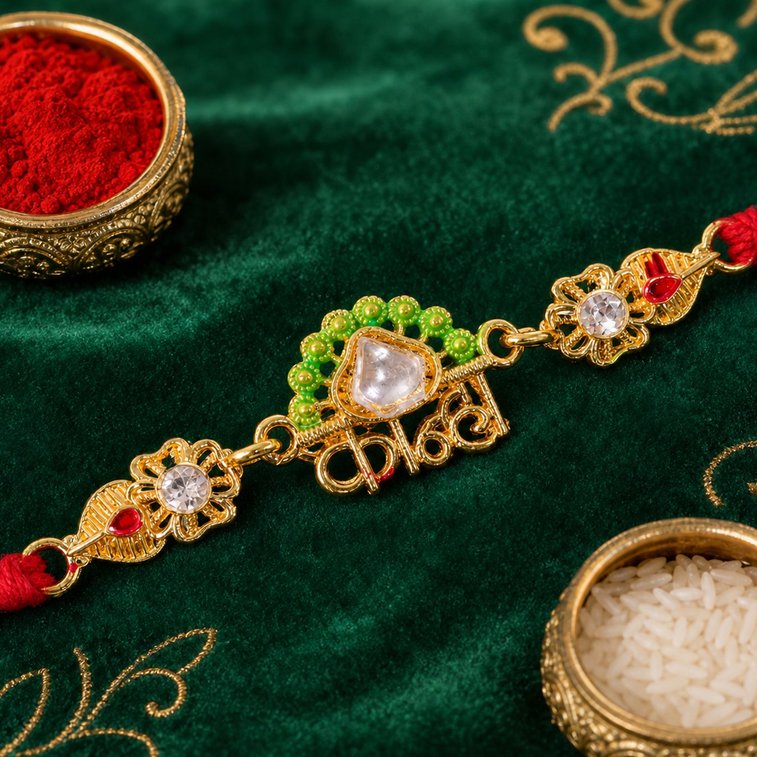 Gold-Toned Kanha Rakhi with Kundan-Style Stone, Green Enamel, Crystal Accents & Red Thread