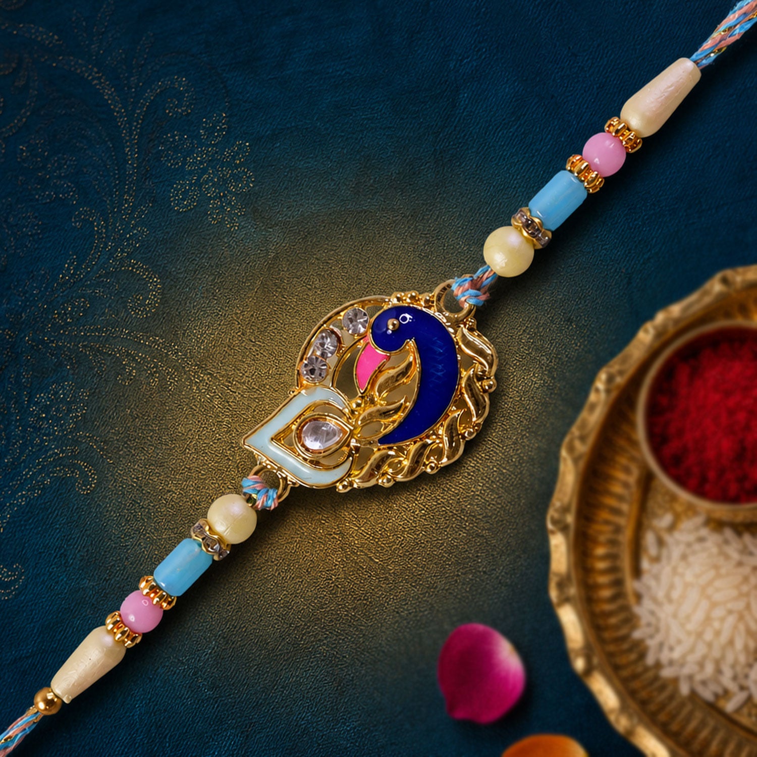 Festive Rakhi featuring Peacock Charm, blue stones and wrist style for Raksha Bandhan