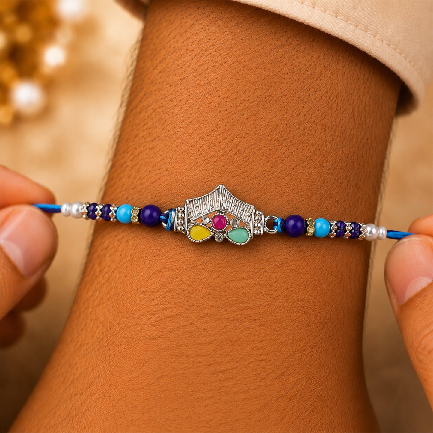 Silver Crown Temple Rakhi with Multicolor Stones, Roli Chawal Coin and Card Gift Packing