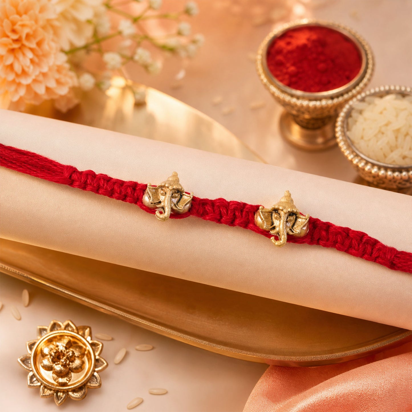 Red Thread Rakhi with Twin Antique Gold Ganesha Shaped Charms