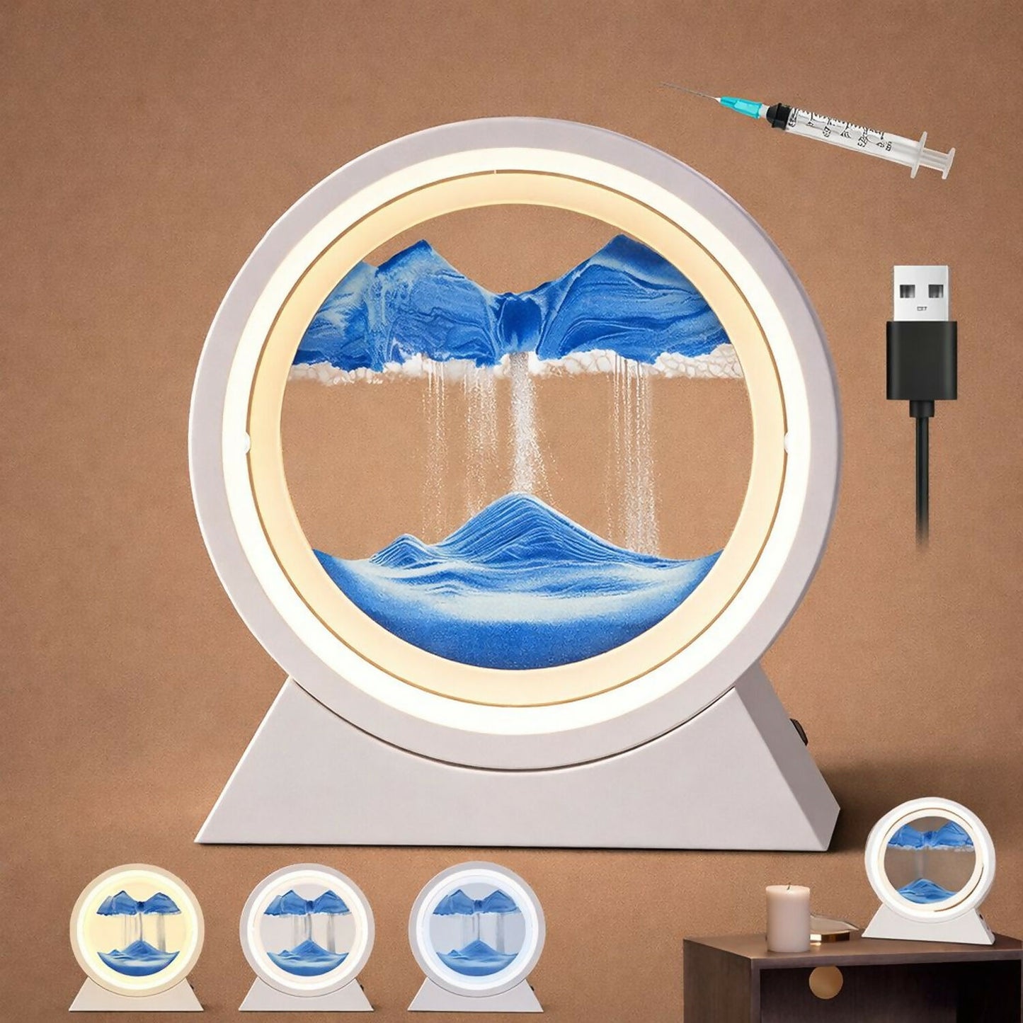 White LED Sand Art Motion Lamp with Ring Light for Home & Bedroom Decor