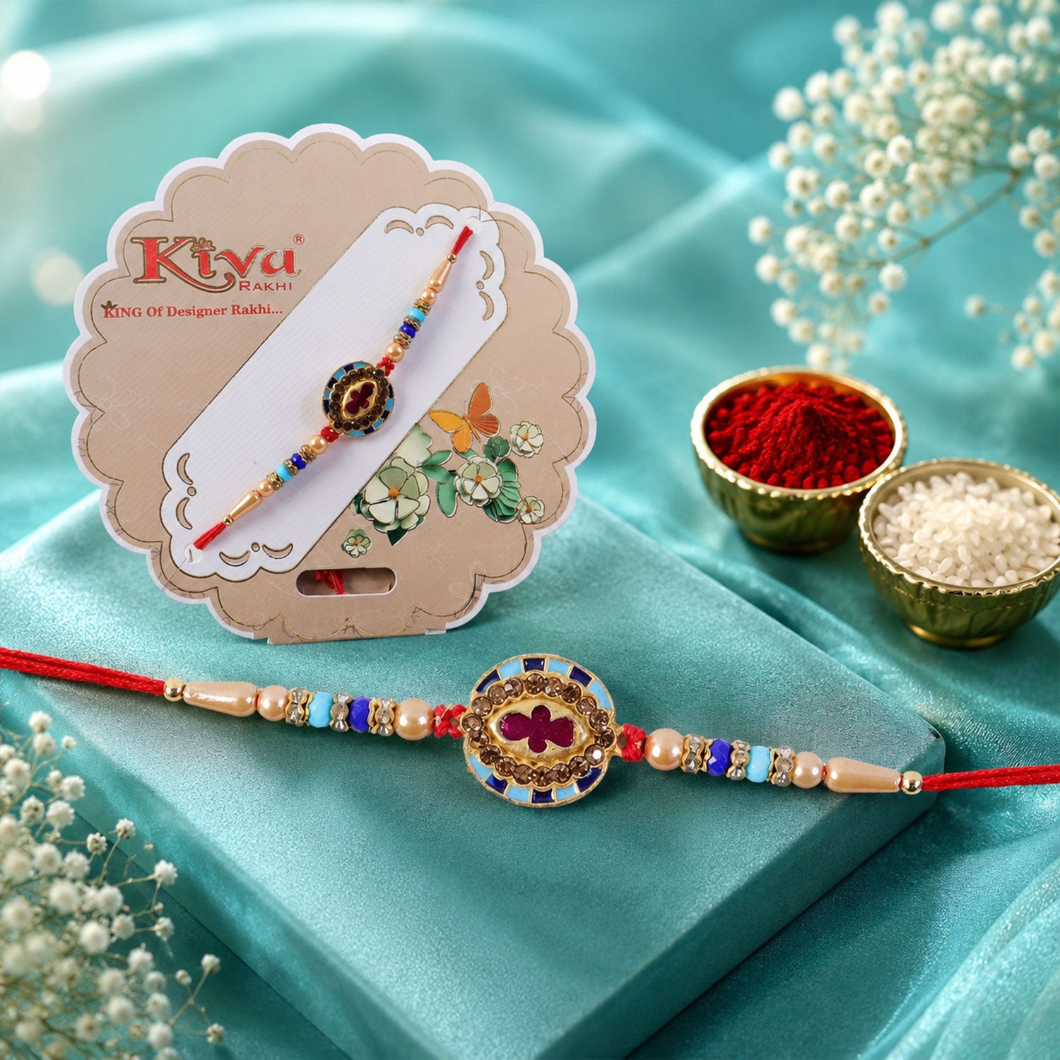 Round Meenakari Floral Designer Rakhi for Brother with Turquoise Beads