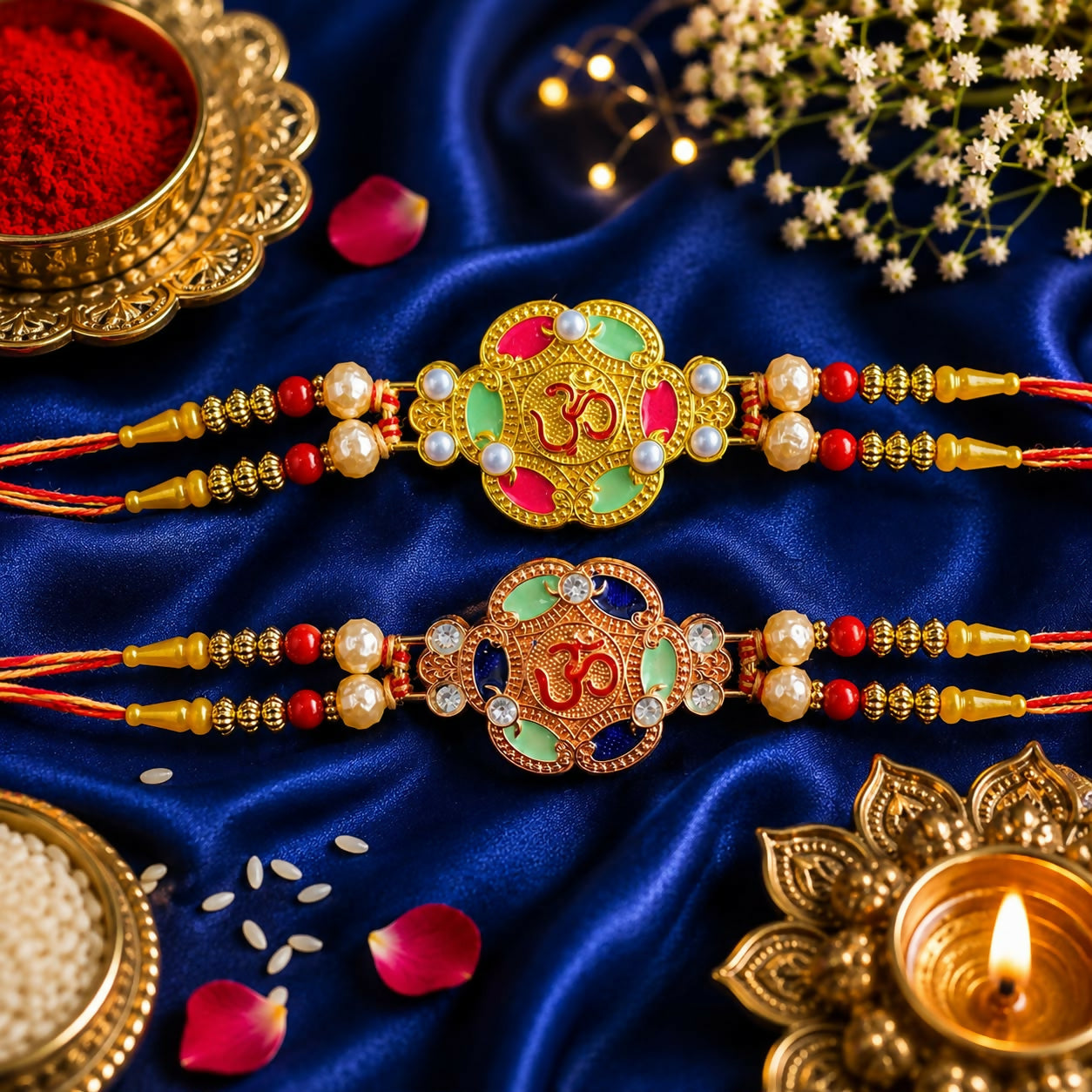 Two gold and rose gold Om bracelets with colorful enamel and pearls, surrounded by red beads, on a deep blue silk fabric.