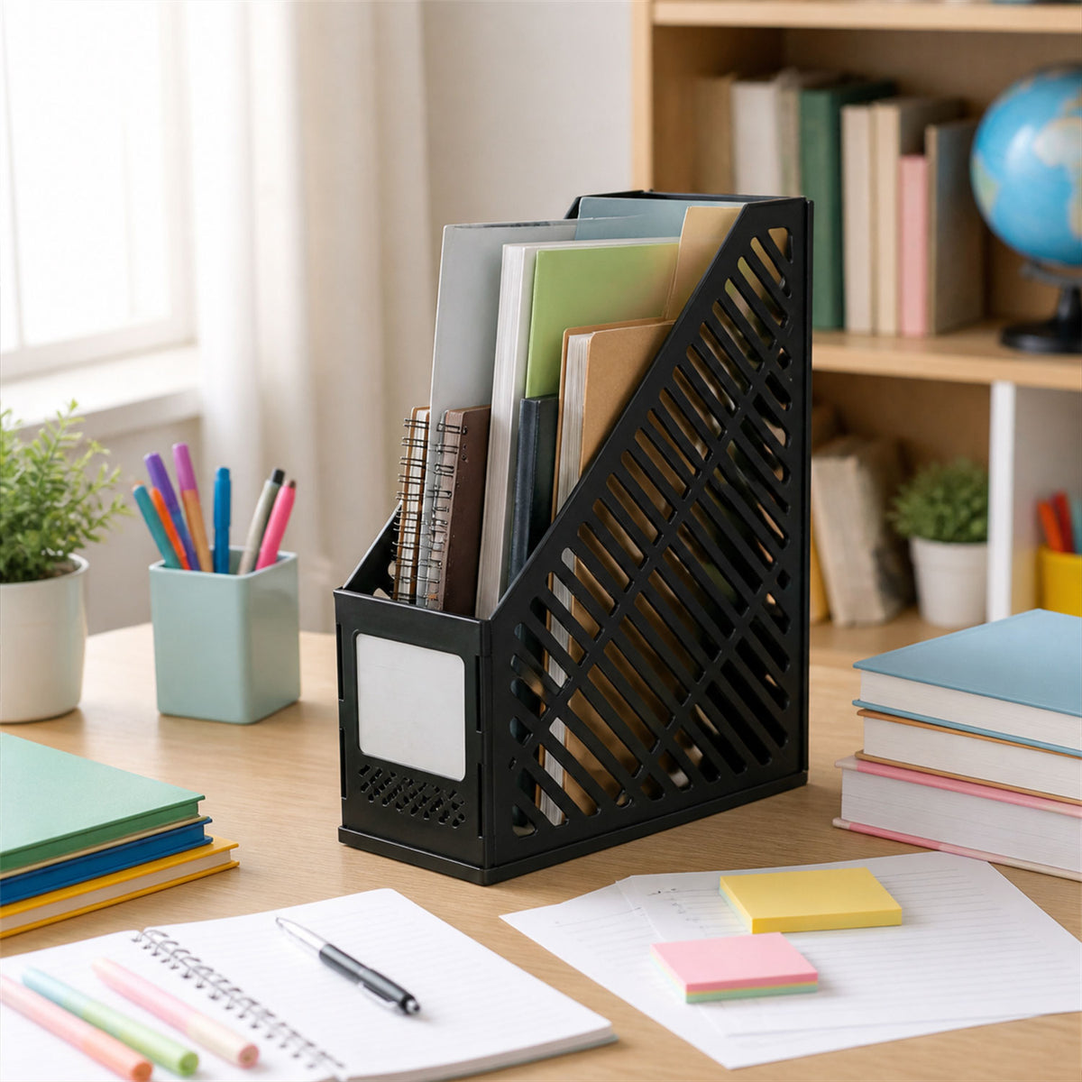 Desk organizer supporting files, notebooks, and magazines during work