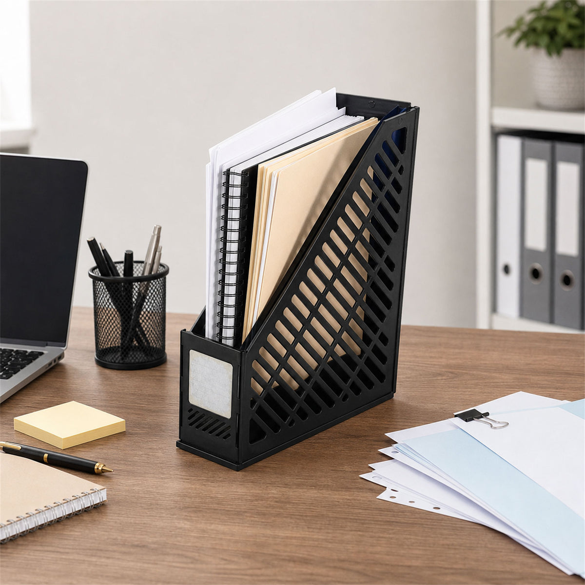 Space-saving vertical file holder on a modern office desk