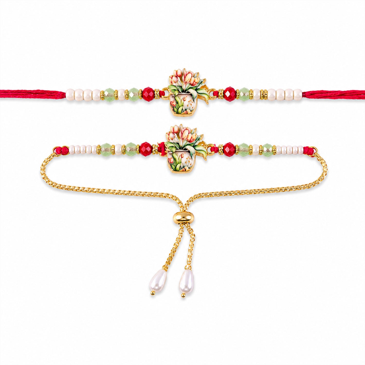 Designer Floral Bhaiya Bhabhi Rakhi Set with Pearl Beads and Lumba Bracelet