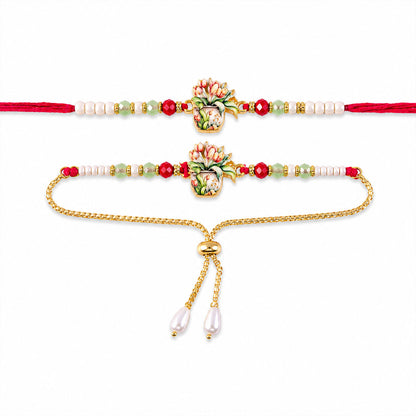 Designer Floral Bhaiya Bhabhi Rakhi Set with Pearl Beads and Lumba Bracelet