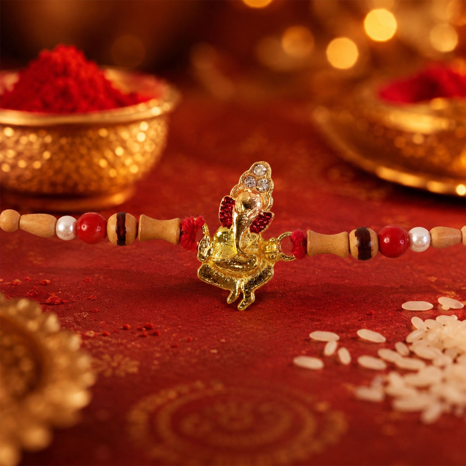 Gold Ganesh Charm Rakhi with Wooden Beads and Pearl Accents