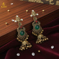 Traditional Jhumka Earrings – Antique Gold Plated with Green Stone