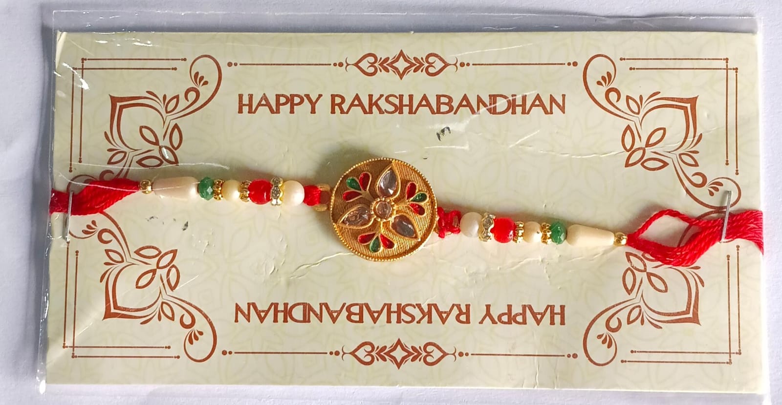 Kalash Rakhi Sacred Design with Embellished Beads & Red Thread (5pcs)