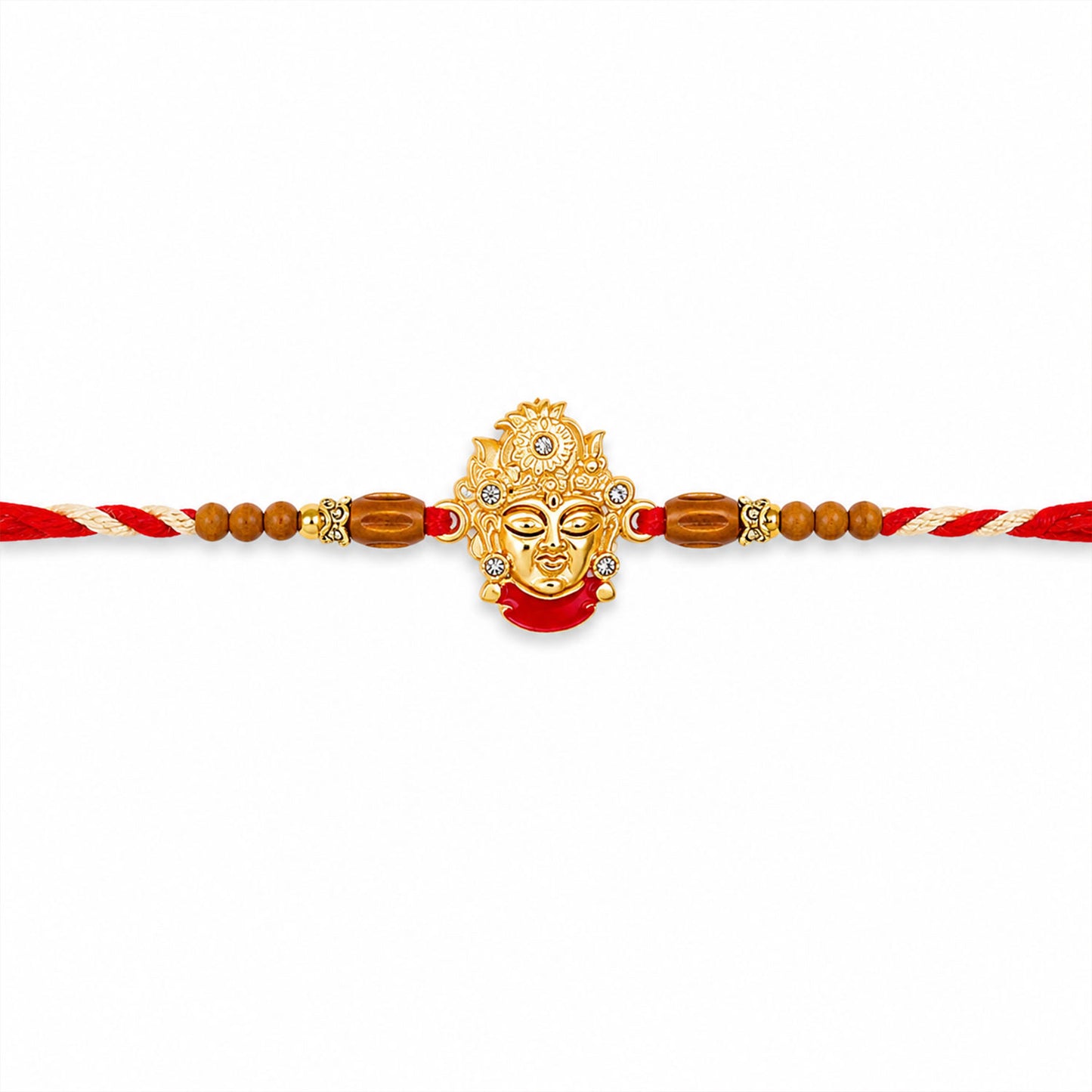 Golden Shrinathji Face Rakhi with Crown Detail, Roli Chawal Coin and Velvet Style Gift Packing