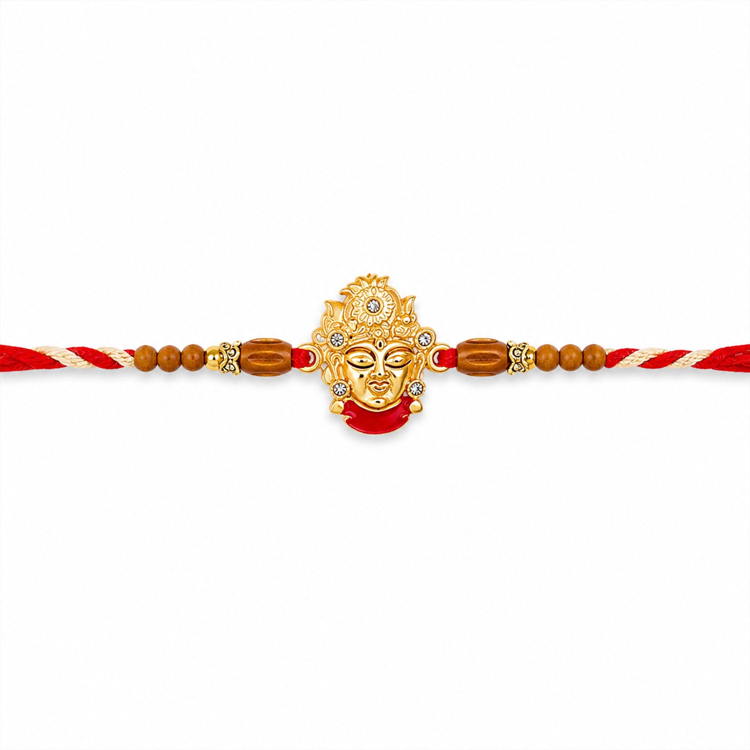 Golden Shrinathji Face Rakhi with Crown Detail, Roli Chawal Coin and Velvet Style Gift Packing