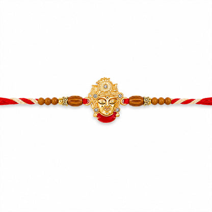 Golden Shrinathji Face Rakhi with Crown Detail, Roli Chawal Coin and Velvet Style Gift Packing