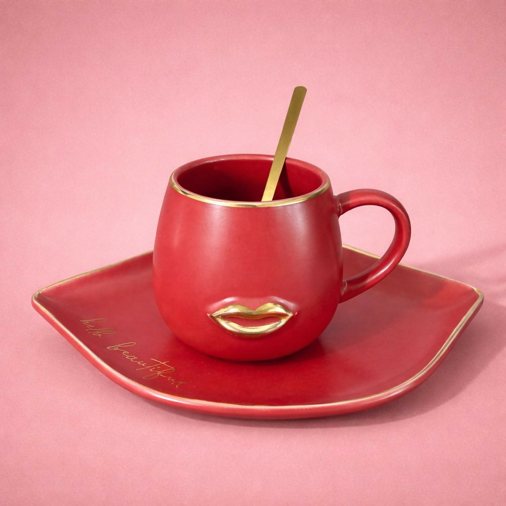 Red Ceramic Coffee Mug with Tray & Spoon Lip Design Cup Set