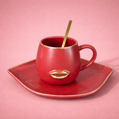 Red Ceramic Coffee Mug with Tray & Spoon Lip Design Cup Set