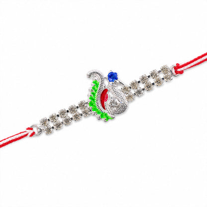 Festive Rakhi with Peacock Charm, pink accents and display look for Gift Styling