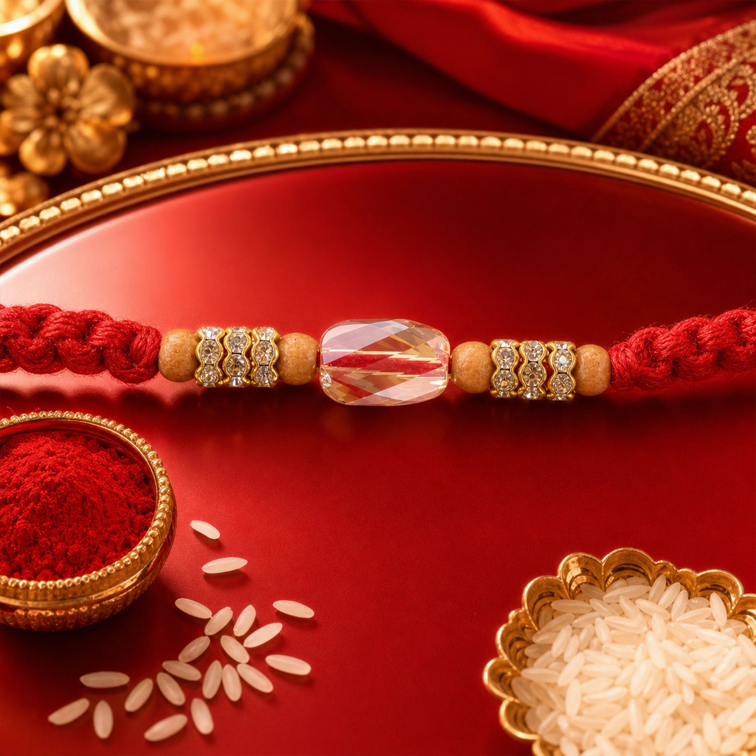 Red Thread Rakhi with Wooden Beads and a Sparkling Crystal Accent