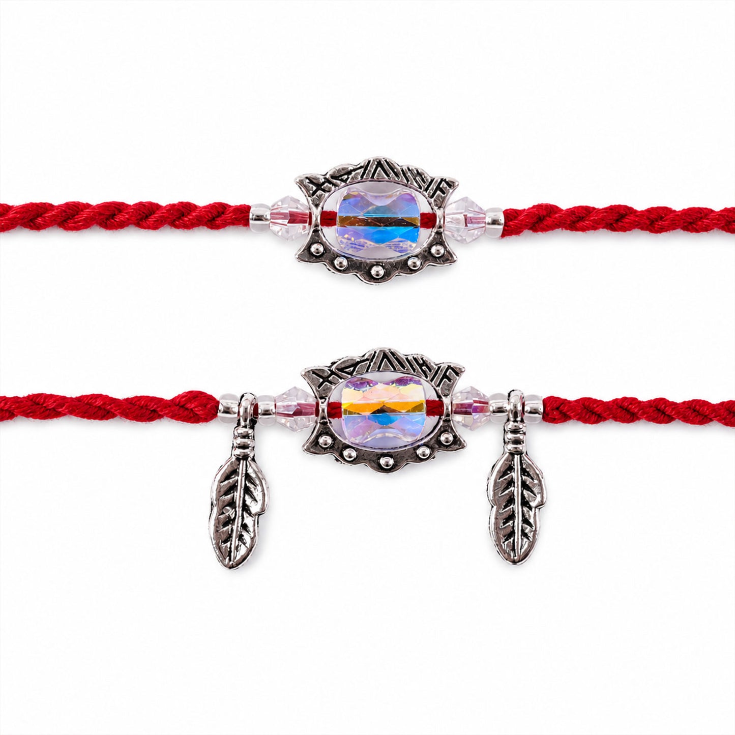Iridescent Stone Bhaiya Bhabhi Rakhi Pair with Silver Leaf Charms for Couple Gift