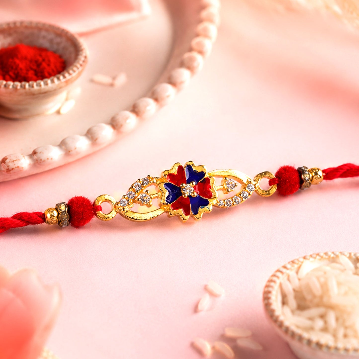 Blue & Red Meenakari Floral Designer Rakhi for Brother, AD Stones Gift