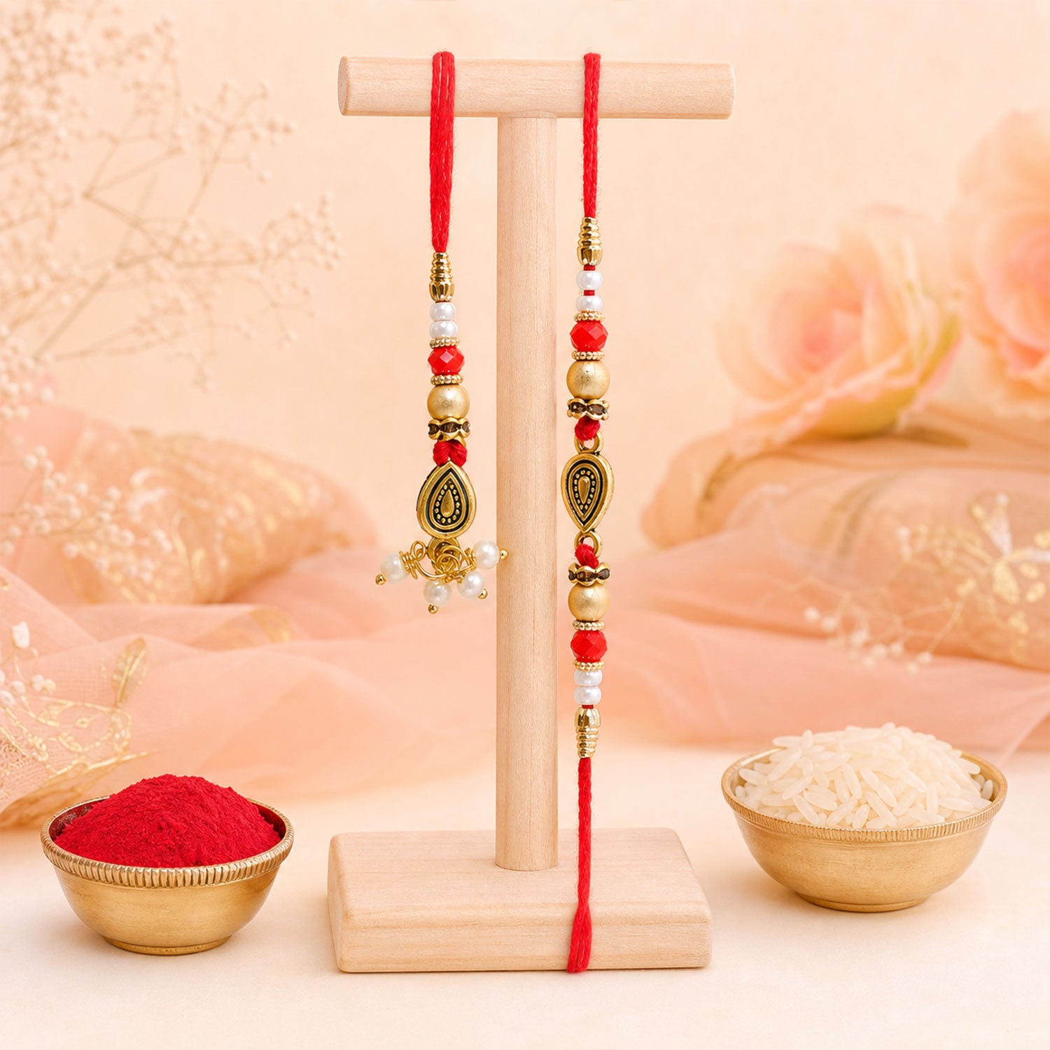 Graceful Teardrop Eye Bhai Bhabhi Rakhi with Drop Pendant and Pearl Tassel for Gift