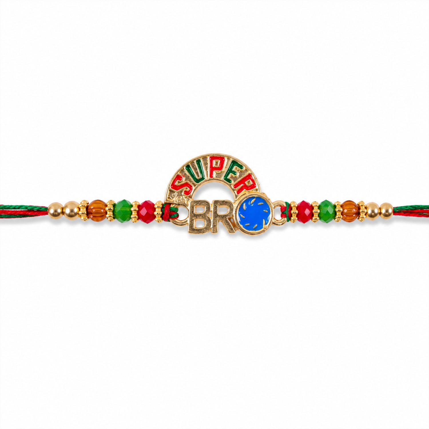 Super Bro Golden Rakhi with Colorful Beads, Blue Charm and Premium Festive Look