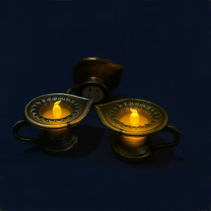 Set of 12 Vintage LED Diya Lamps | Battery Operated Flameless Pooja Lights | Antique Finish Decorative Deepak for Diwali, Navratri, Temple, Wedding & Home Décor