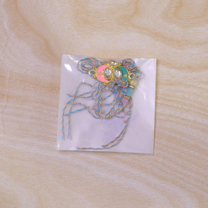Teal and Pink Enamel Kundan Pendant Rakhi with Pastel Beads