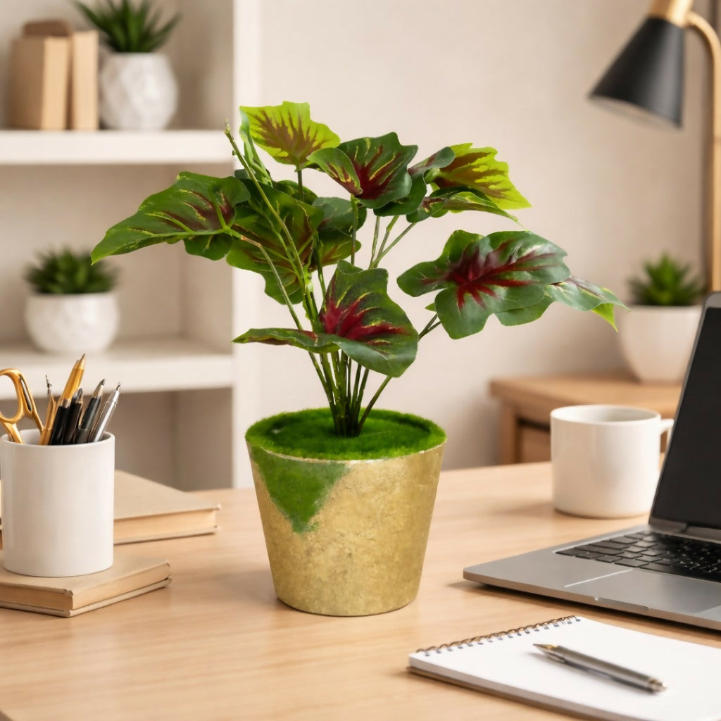 Artificial Decorative Leaf Plant with Pot for Home & Office Table Décor