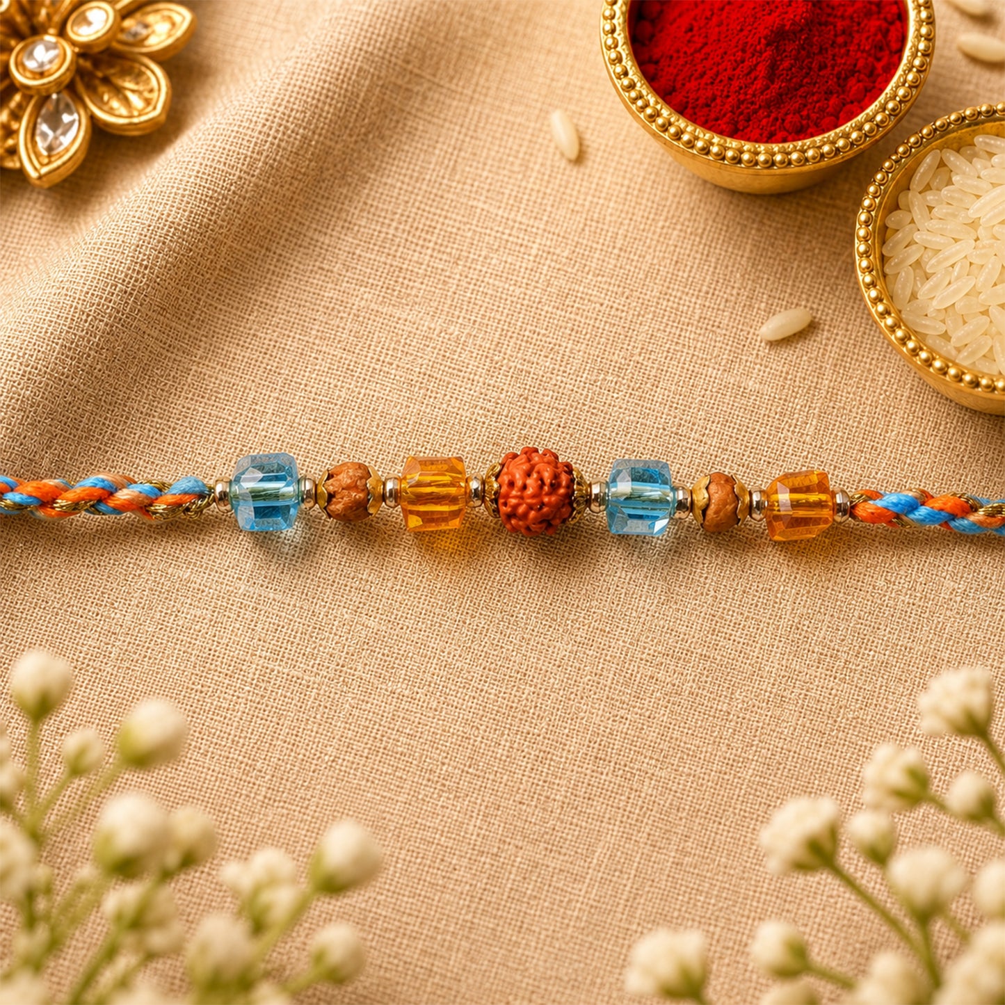 Blue Beaded Bracelet Rakhi with Golden Spacers and Colorful Festive Charm
