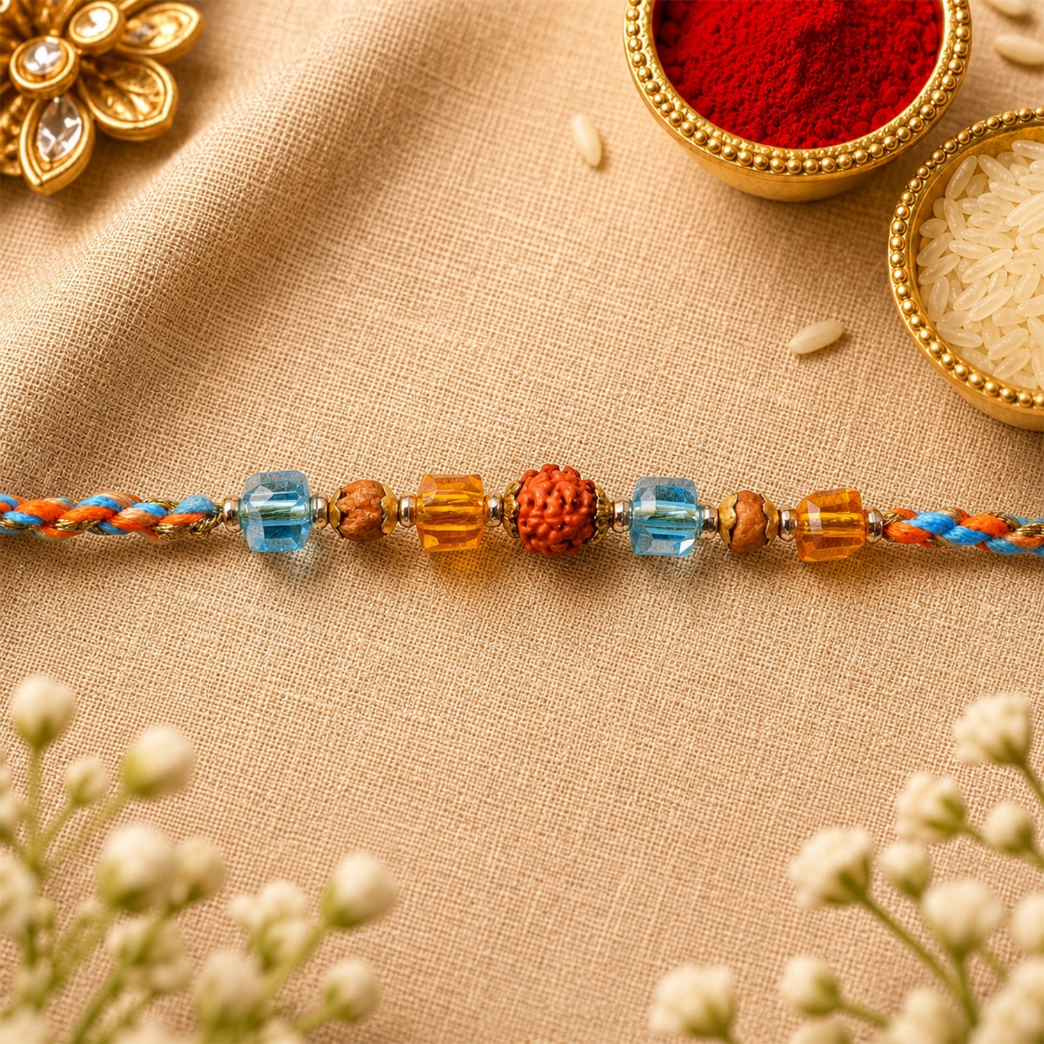 Blue Beaded Bracelet Rakhi with Golden Spacers and Colorful Festive Charm