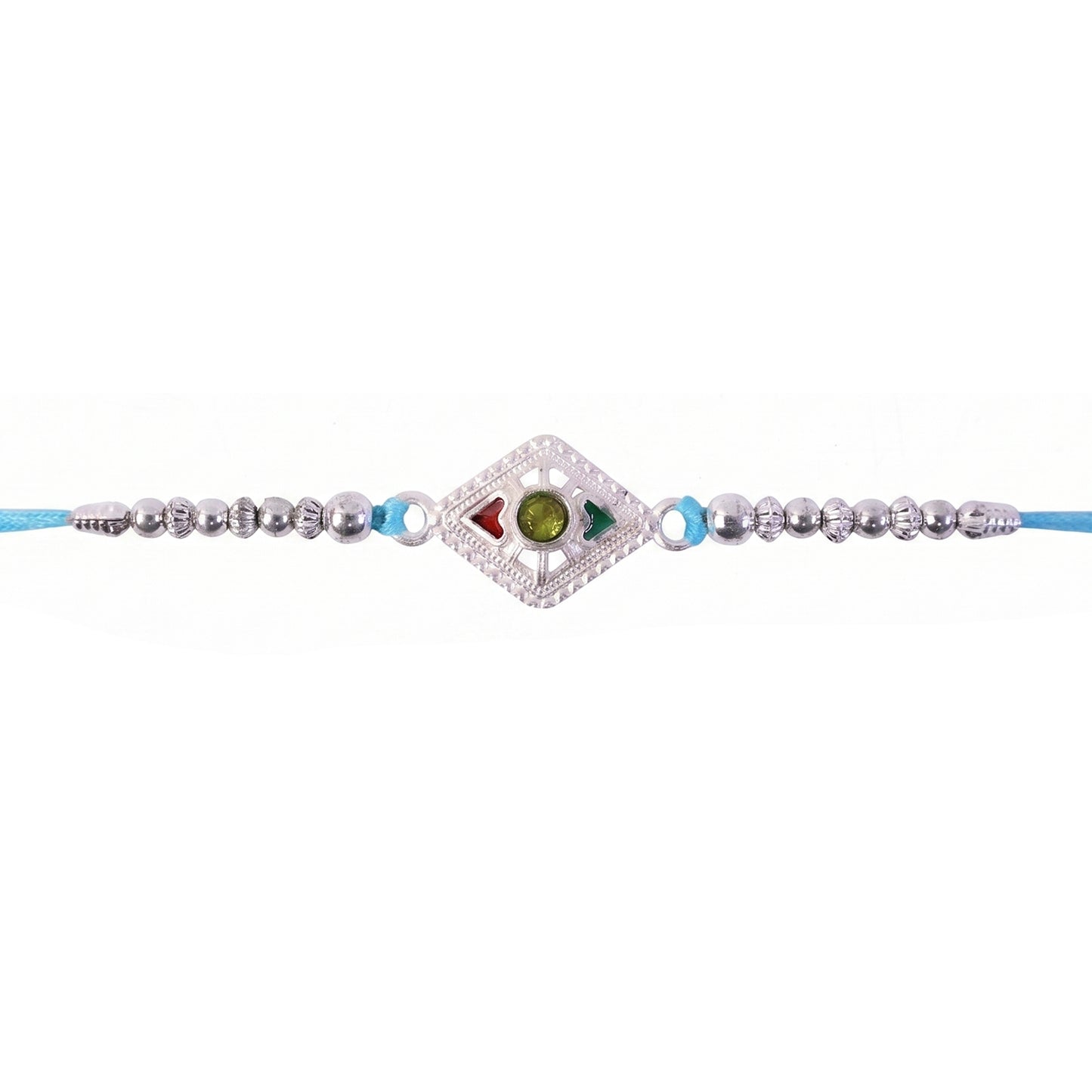 Silver Diamond Kundan Rakhi with Green Stone and Blue Beads