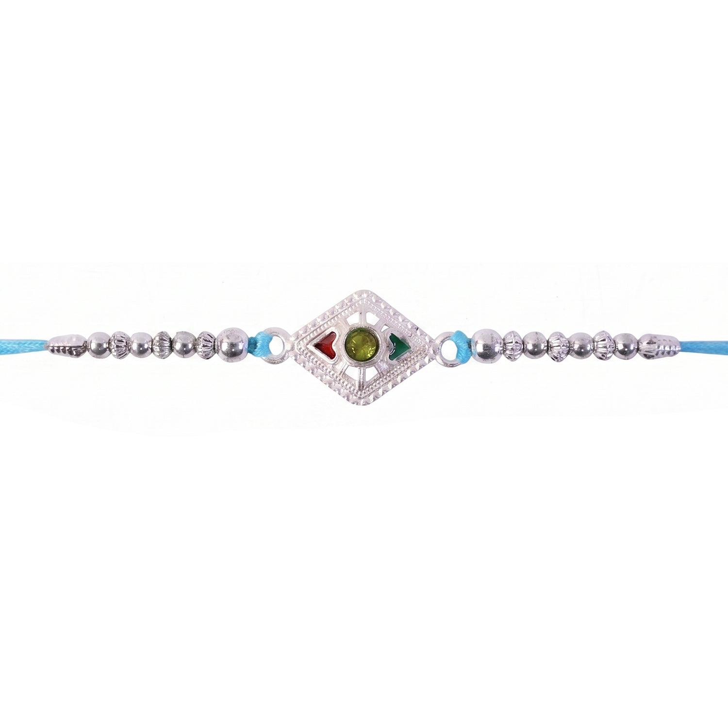 Silver Diamond Kundan Rakhi with Green Stone and Blue Beads
