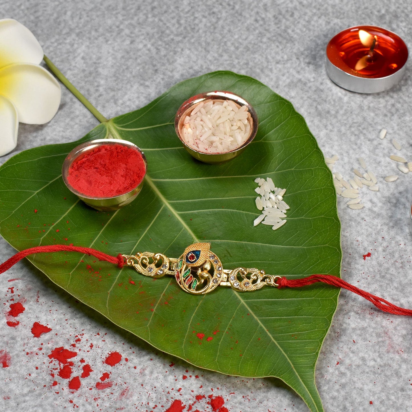 Krishna Flute Rakhi Golden Enamel Red Thread for Raksha Bandhan (5pcs)