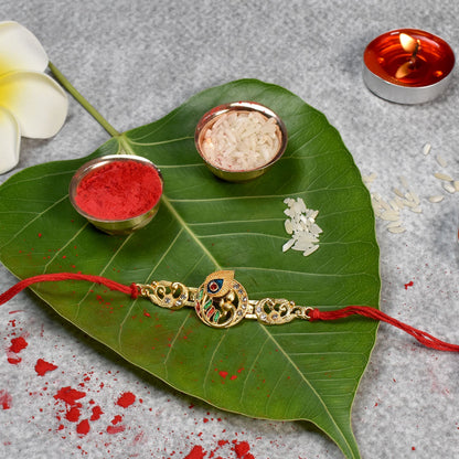 Krishna Flute Rakhi Golden Enamel Red Thread for Raksha Bandhan (5pcs)