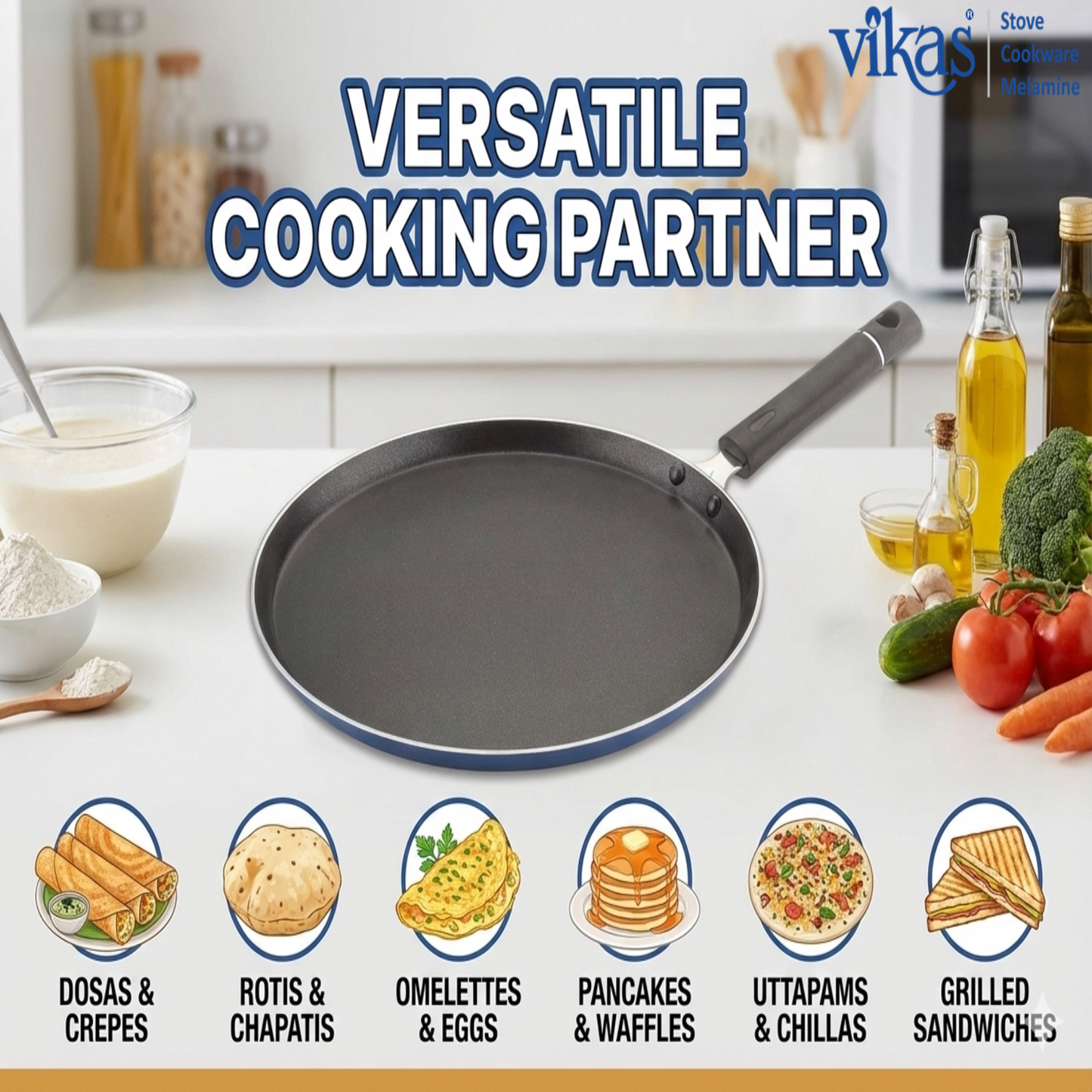 Vikas Non-Stick Dosa Tawa 3.0mm Thick Flat Pan with Bakelite Handle Smooth Cooking Tawa