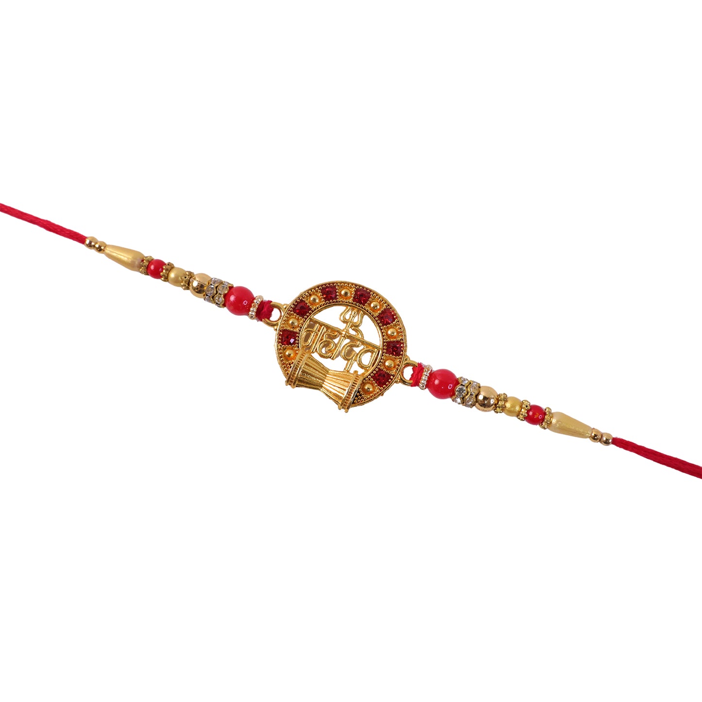 Mahadev Trishul Damru Round Rakhi with Red Pearls and Premium Center