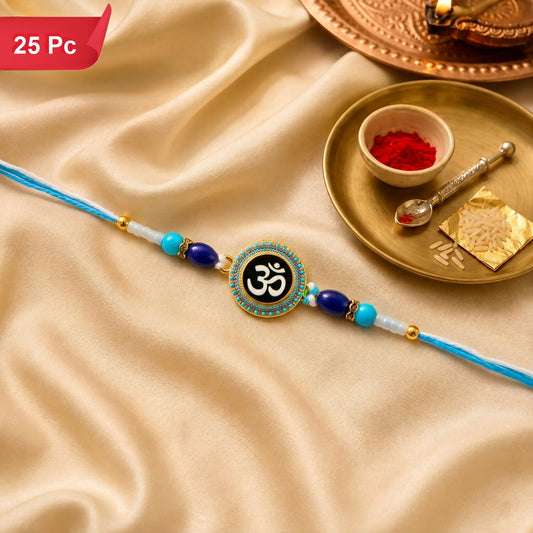 A blue and white beaded bracelet with a central Om symbol charm rests on a golden satin cloth with ritual items.