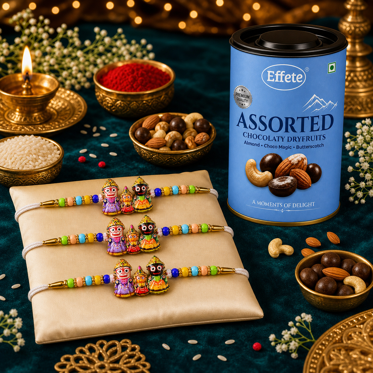 Jagannath, Balabhadra and Subhadra Rakhi with Assorted Chocolate Treats, Pack of 3