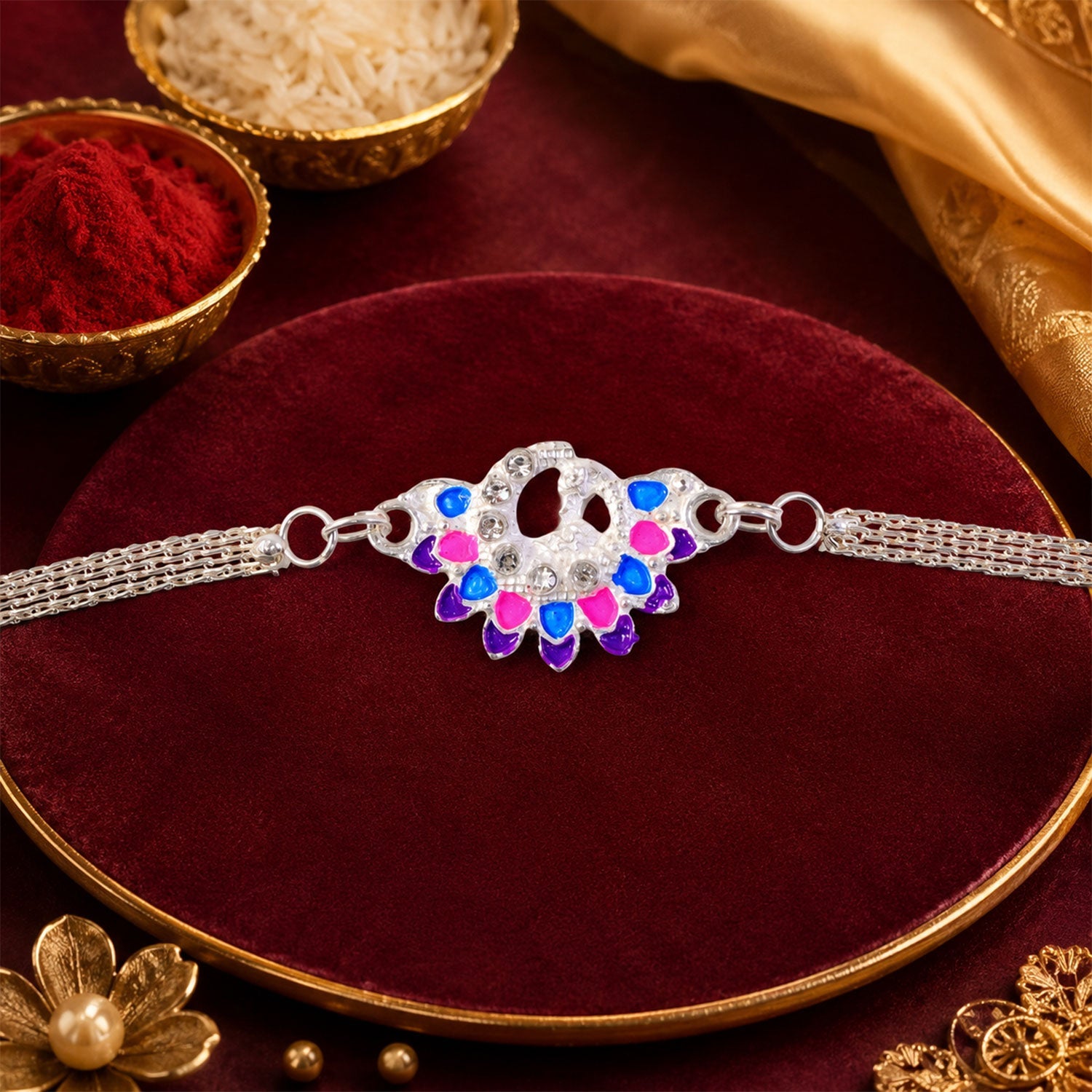 Premium Silver Chain Rakhi with Peacock Motif Rakhi for Brother (5pcs)