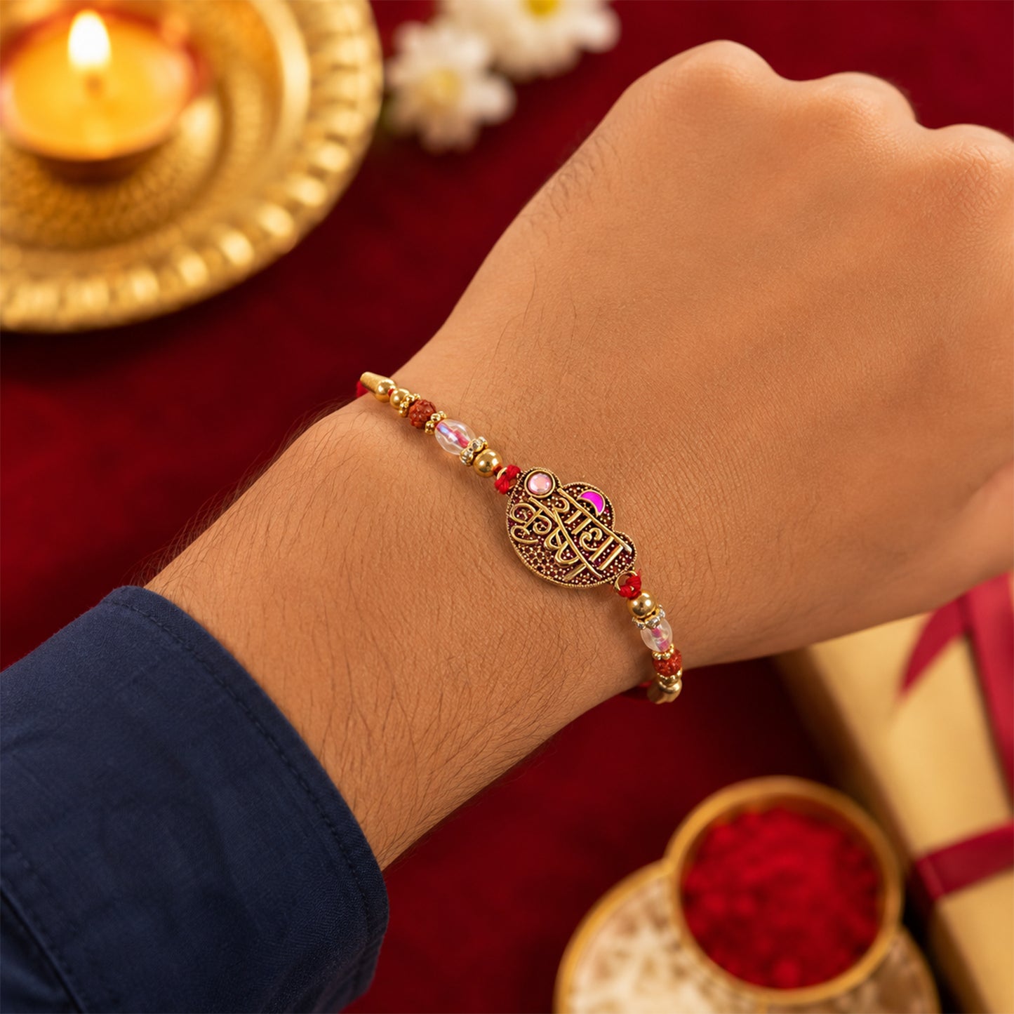 Radha Krishna Script Pendant Rakhi with Pink Kundan Beads