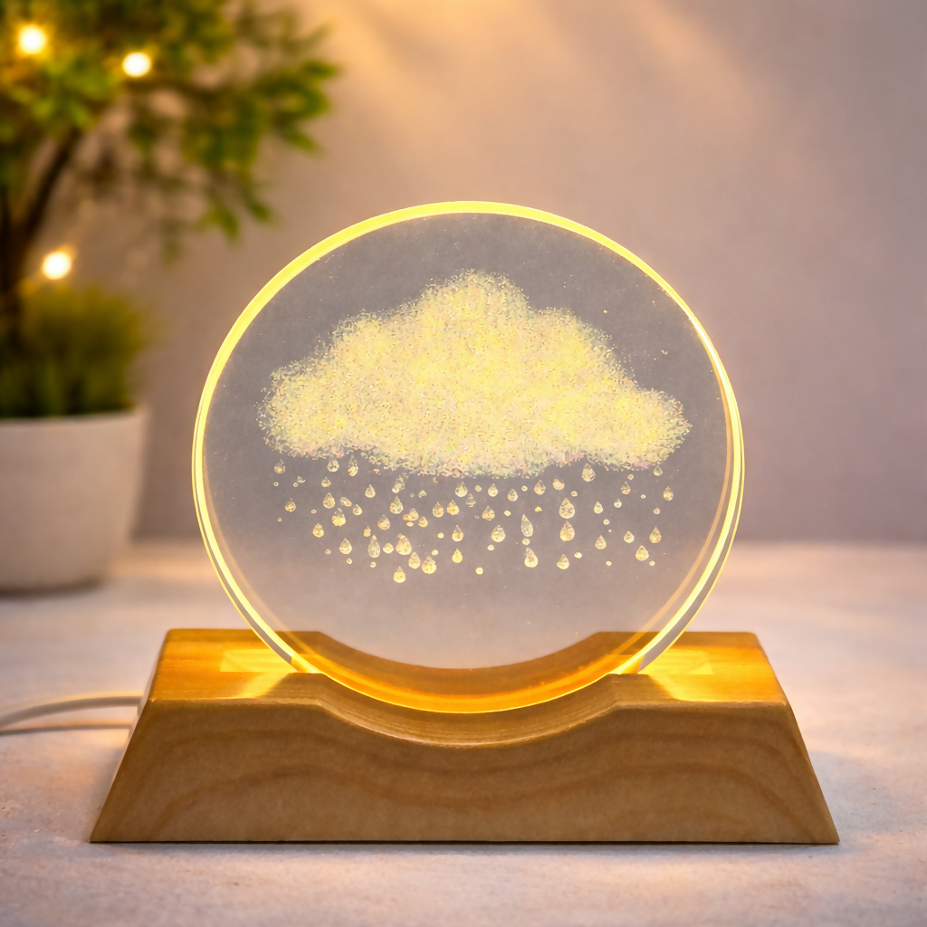 Crystal Cloud LED Night Lamp with Wooden Base | Warm Light Home Décor