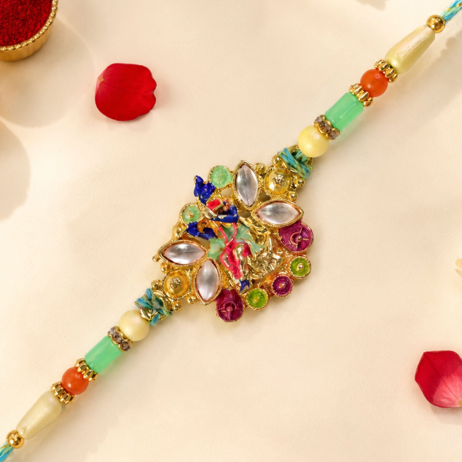 Multicolor Gemstone Cluster Pendant Rakhi with Purple Marquise Stones