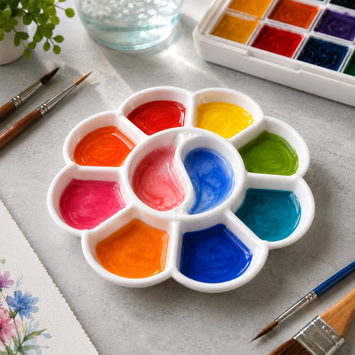 Flower Shape Colour Mixing Plate 10 Well Paint Palette for Watercolour & Acrylic Art