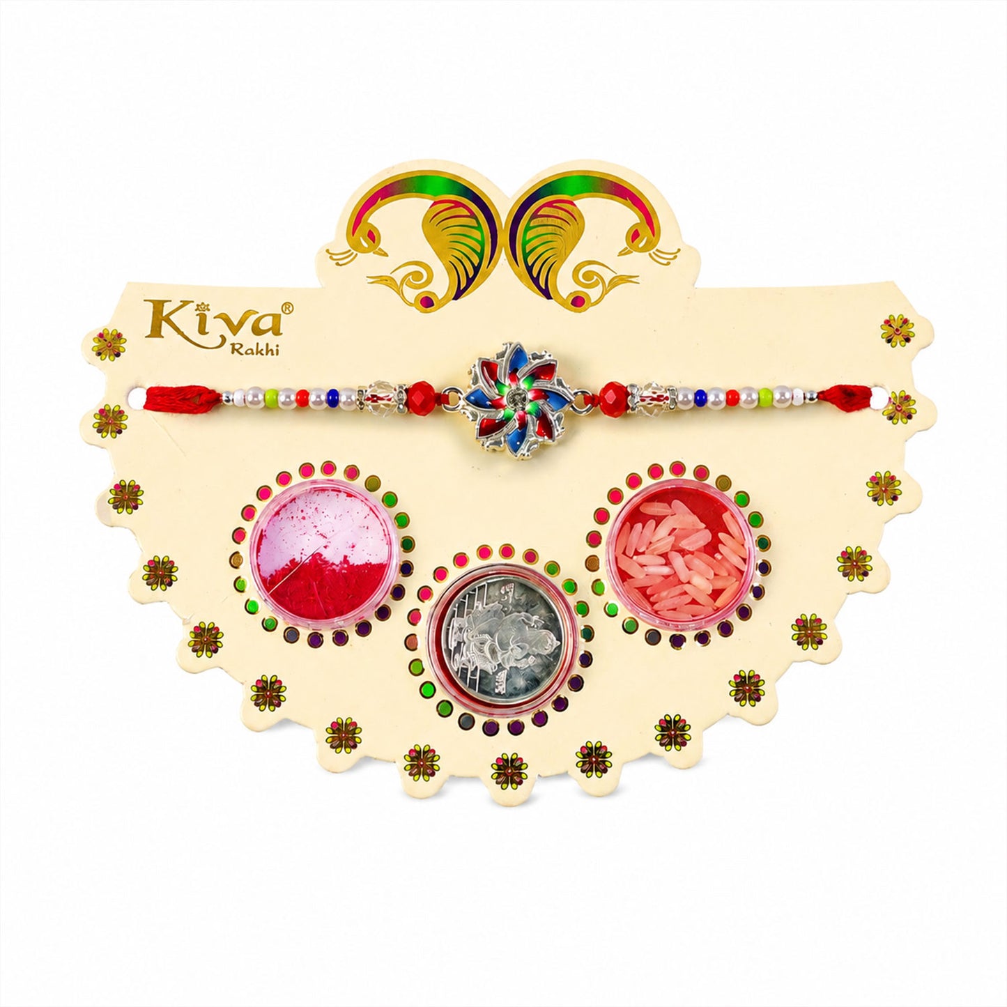 Multicolor Floral Chakra Rakhi with Pearl Beads, Roli Chawal Coin and Peacock Card Packing