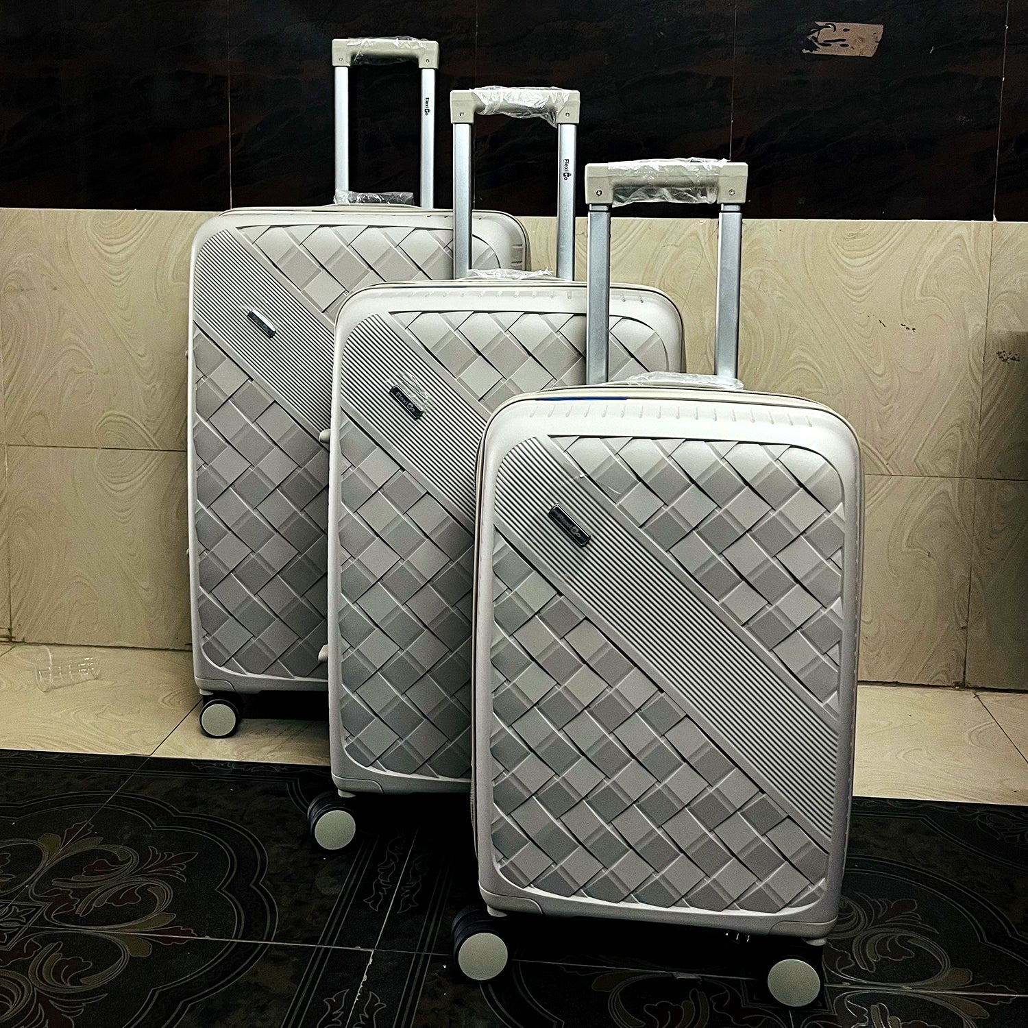 Beige Grey Premium Trolley Luggage with Spinner Wheels, Lock & Telescopic Handle