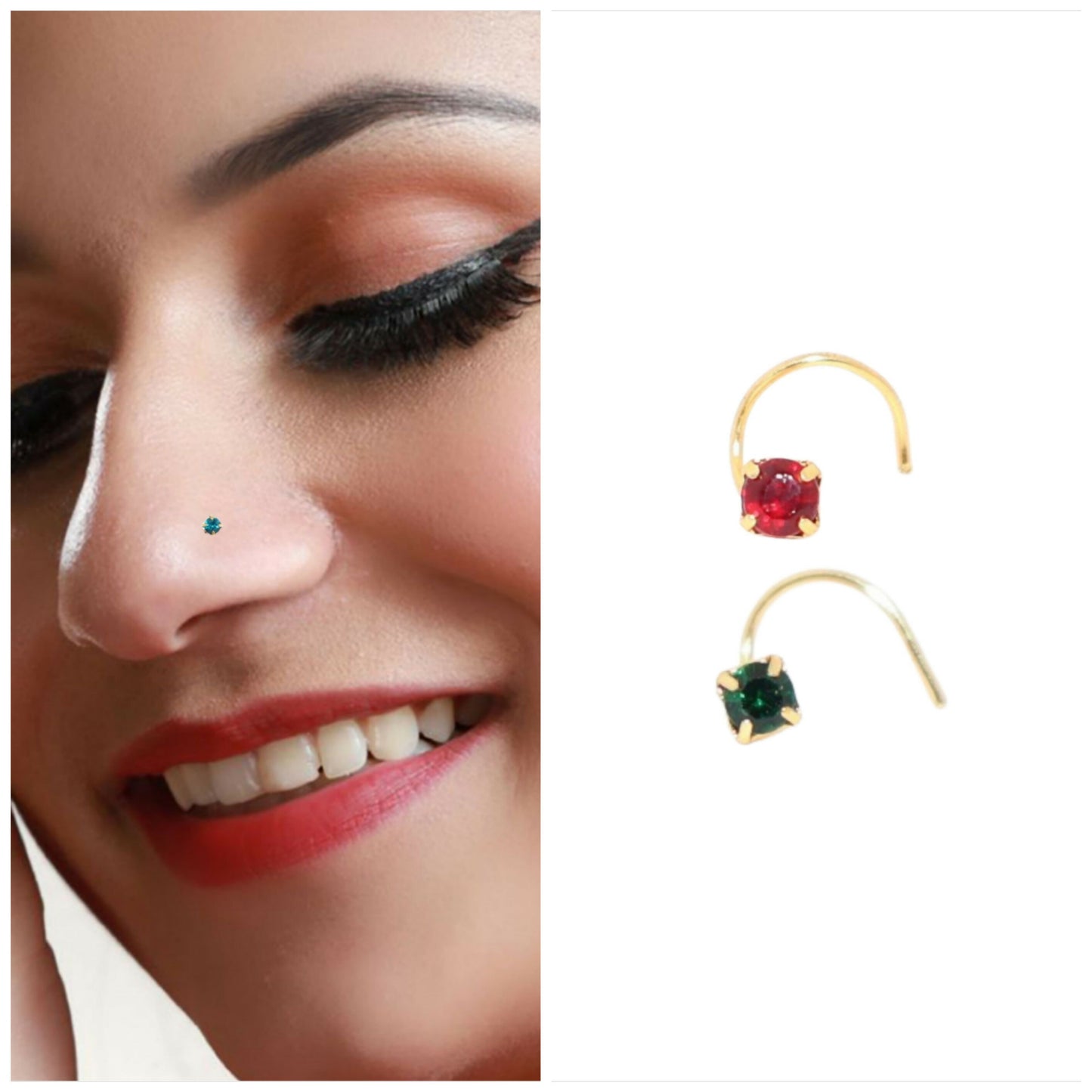 Combo pack of two gold plated crystal nose pins with ruby red and emerald green crystals