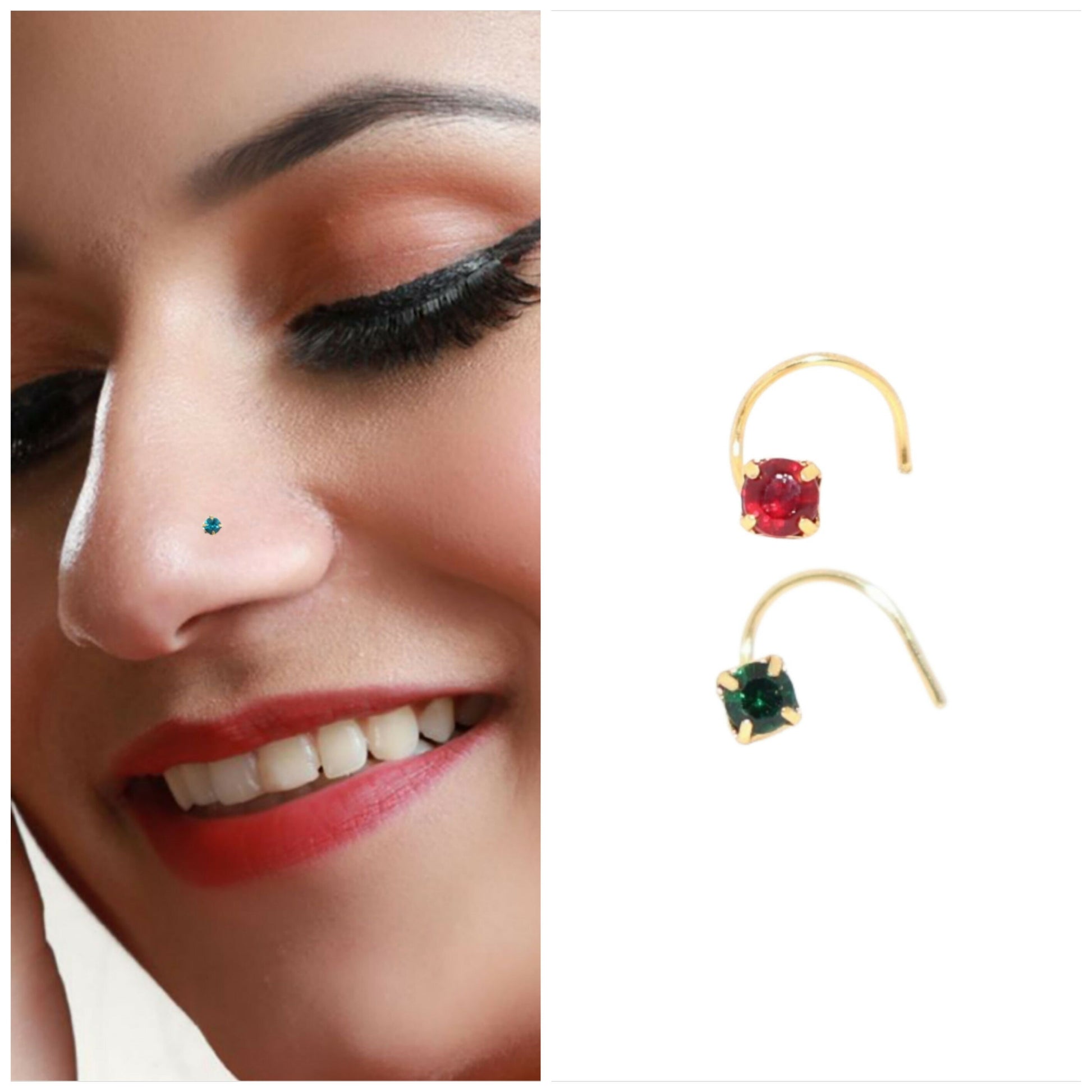 Combo pack of two gold plated crystal nose pins with ruby red and emerald green crystals