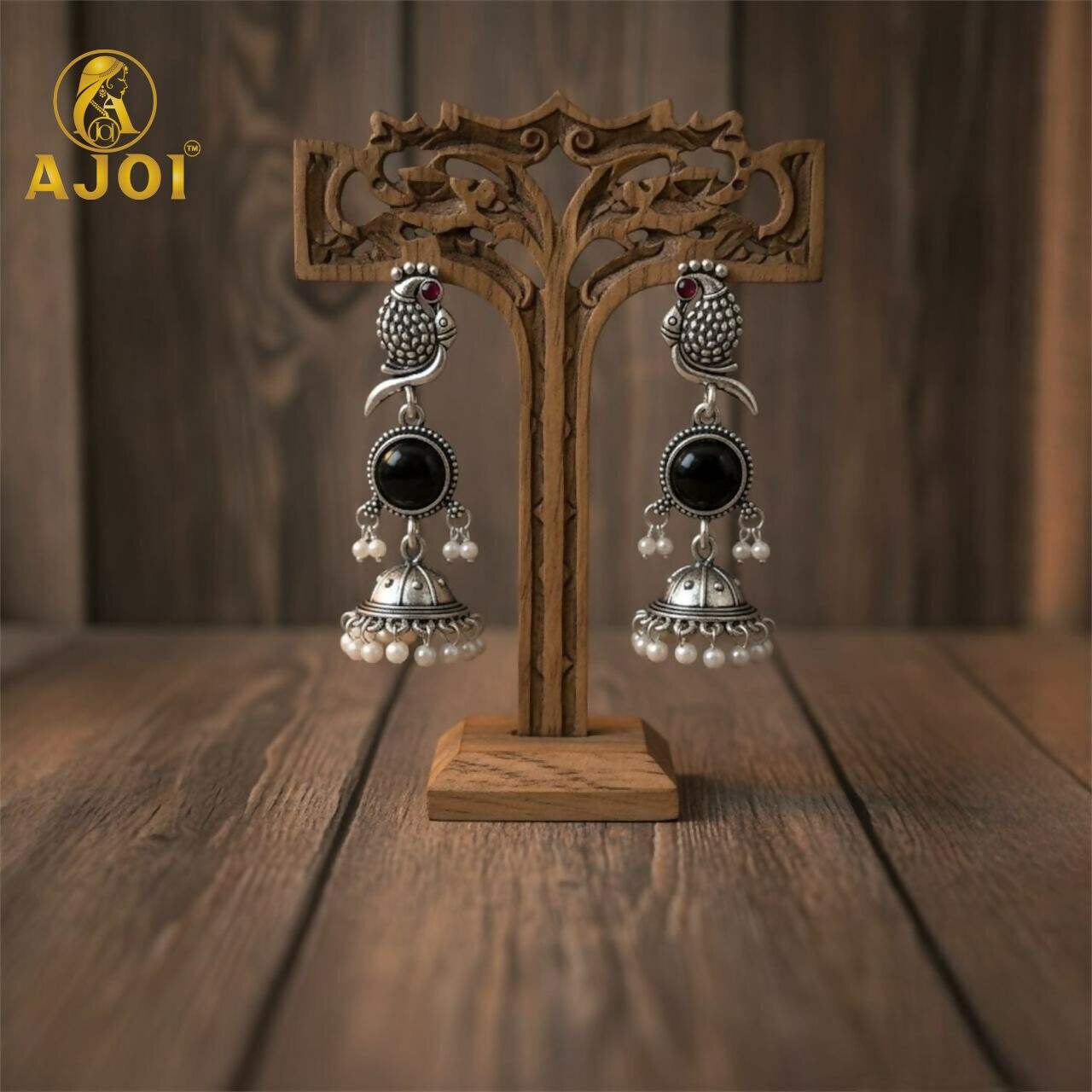 Moonlit Black Stone Peacock Earrings – Oxidized Silver Finish
