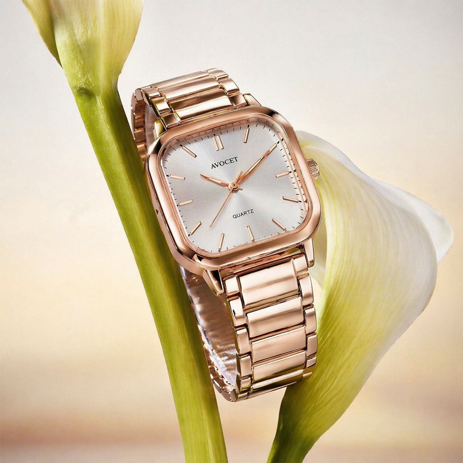 Stylish Rose Gold Square Dial Analog Women’s Watch with Metal Strap