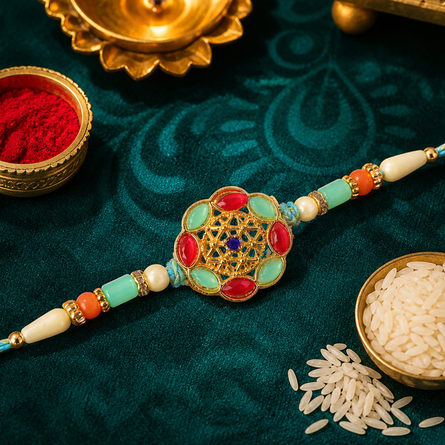 Round Floral Kundan Medallion Rakhi with Multicolor Beads